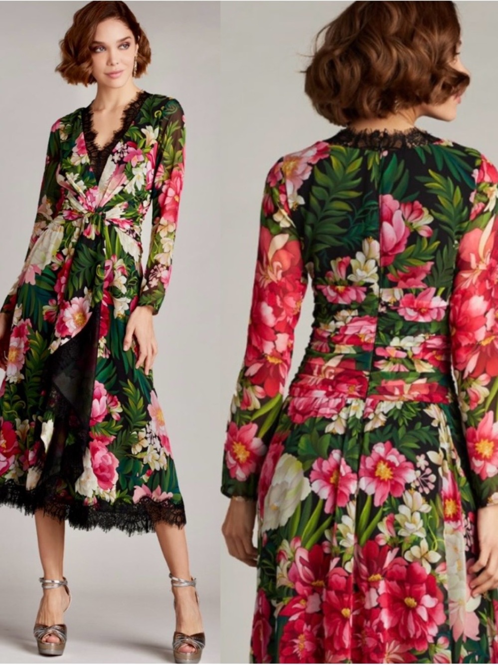 Tadashi Shoji Floral Twist Long Sleeve Midi Dress